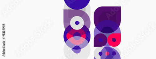 Abstract composition featuring overlapping circles, squares, rectangles. Purple, pink hues dominate white background. Modern design elements present.