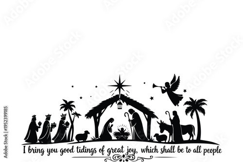 A black silhouette illustration of the nativity scene with a classic biblical quote below it Vector
