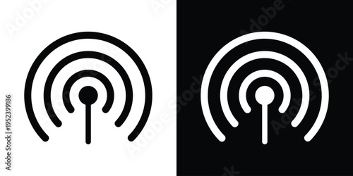 Vector illustration of a wireless signal tower with radio waves. Flat icon representing Wi-Fi hotspot, cellular broadcast, and telecommunications. Isolated on black and white backgrounds.
