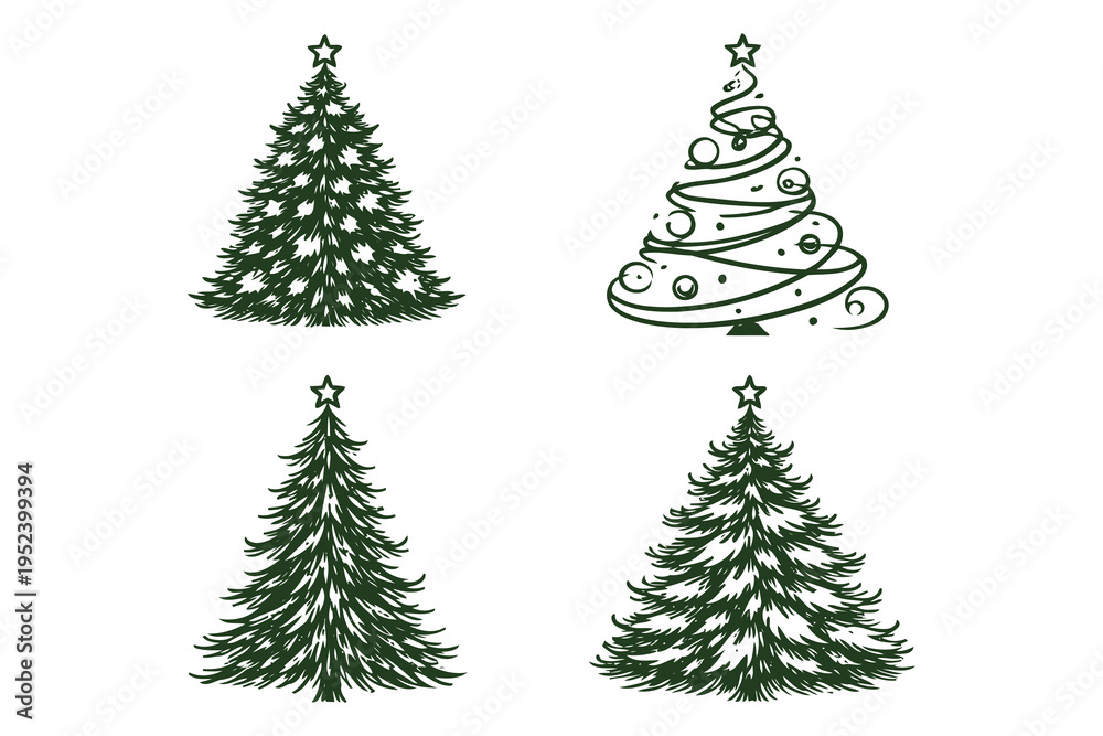 Obraz premium A collection of four artistic hand drawn christmas tree illustrations on a plain white background Vector