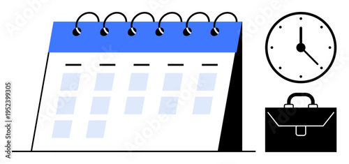 Time management, work organization, business productivity, daily planning, scheduling, task prioritization. Calendar, clock and briefcase displayed with a minimalist design. Time management and work