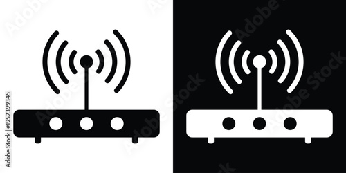 Modern wireless router or modem icon with a central antenna emitting signal waves. Vector illustration for networking hardware, home internet setup, and telecommunication equipment.