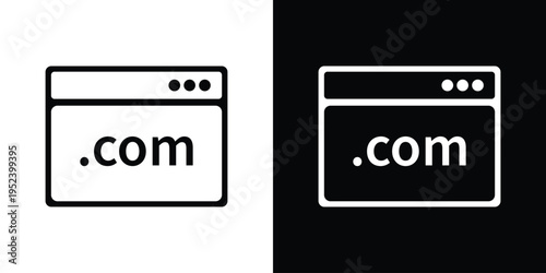 Clean web browser icon displaying the ".com" domain suffix. Professional vector graphic symbolizing website hosting, URL registration, internet business, and global web presence.