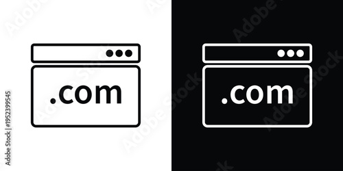 Clean web browser icon displaying the ".com" domain suffix. Professional vector graphic symbolizing website hosting, URL registration, internet business, and global web presence.