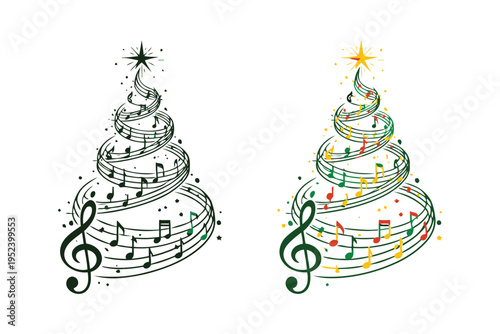 Two creative christmas tree designs formed by musical staves and notes on a plain white background Vector