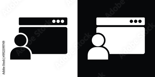 Web browser window icon paired with a human profile silhouette. Minimalist graphic representing user accounts, member login, personal dashboard, and web-based administrative access.