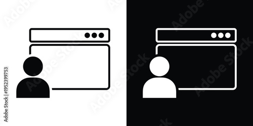 Web browser window icon paired with a human profile silhouette. Minimalist graphic representing user accounts, member login, personal dashboard, and web-based administrative access.