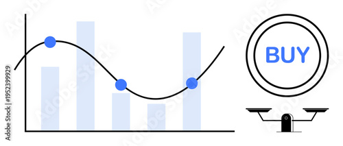 Investment strategies, financial forecasting, market trends, stock trading, economic decisions, analytics. Bar chart and trend line with buy button and scale. Financial forecasting and investment