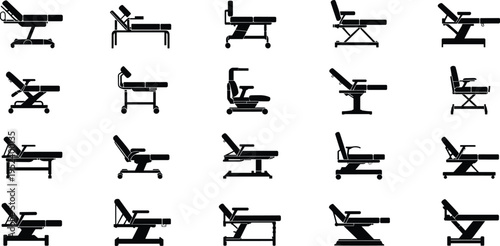 Black silhouette medical examination table set adjustable hospital bed physiotherapy couch different mechanisms reclining positions treatment furniture collection vector.