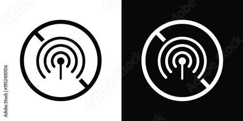 Wi-Fi signal inside a prohibition circle with a diagonal slash. Clear symbol for no internet zones, restricted wireless access, offline mode, and areas where signals are blocked.