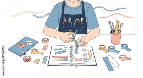 Creative person crafting journal with colorful tapes and scissors, scrapbooking hobby