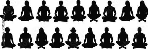 Black silhouette meditation people set diverse men women sitting lotus pose yoga relaxation mindfulness zen group collection on white background.