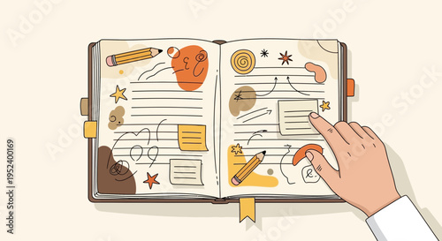 Creative planning in a journal with doodles, sticky notes, and hand illustration