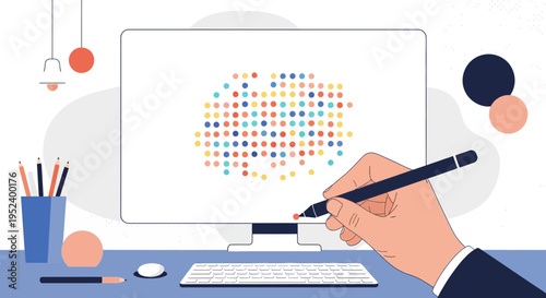 Creative Process: Digital Art Creation on Computer with Stylus and Colorful Dots