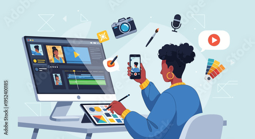 Creative Professional Editing Video and Graphics on Computer and Tablet