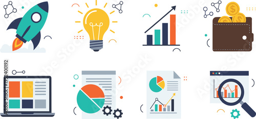 Business Data Analytics and Financial Growth Icon Set Featuring Startup Rocket, Idea Bulb, Bar Charts, Wallet with Money, and Market Research Illustrations