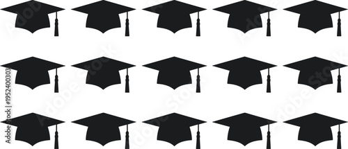 Black silhouette graduation cap mortarboard set multiple angles tassel academic ceremony education university college diploma achievement vector collection.