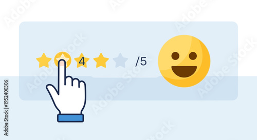 Customer Satisfaction Rating: Hand Clicks Four Stars Out of Five with Happy Emoji