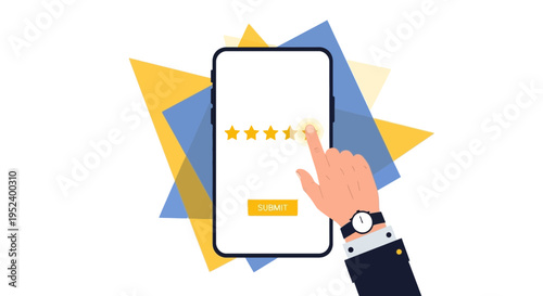 Customer rating on smartphone: hand tapping stars for feedback, online review, user experience