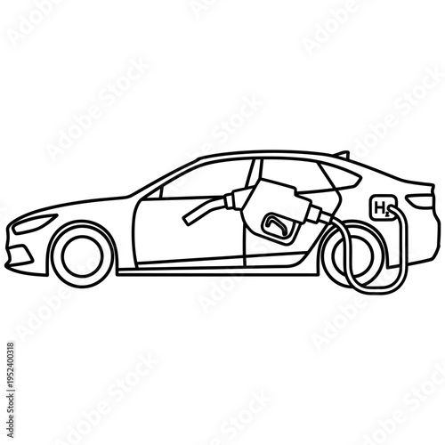 Line drawing of a car refueling at a gas station with a fuel pump nozzle
