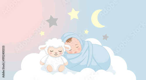 Cute baby sleeping on cloud with sheep toy, stars and moon, sweet dreams concept