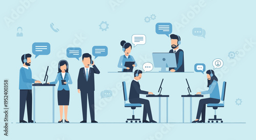 Customer service team working in a modern call center with headsets and computers