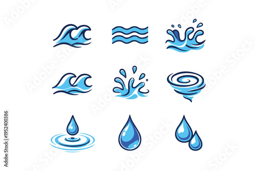 A collection of stylized blue water icons featuring waves splashes ripples and droplets for design Vector