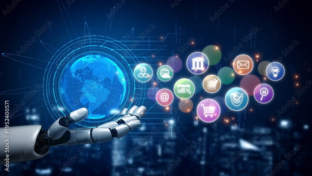 Fototapeta premium AI assists in organizing and visualizing a digital ecosystem of business icons to represent key services like finance, analytics, and secure cloud platforms in modern industries Marrow