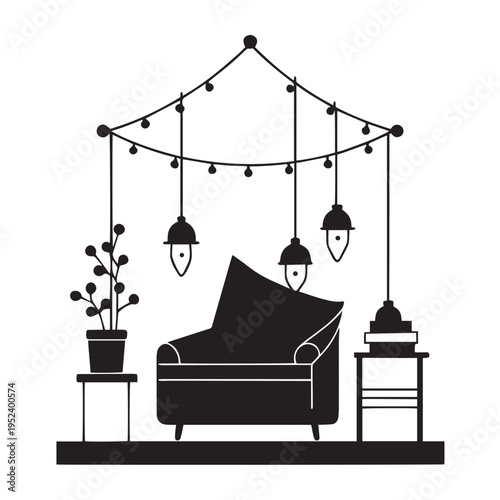 Cozy living room interior silhouette with comfortable armchair and hanging string lights over side tables with potted plant and books