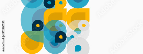 Abstract composition featuring overlapping circles, yellow and blue hues dominate design. Minimalist aesthetic, clean lines present modern feel.