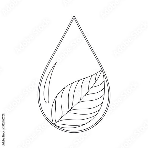 Minimalist line art of a water droplet with a leaf inside, black and white illustration