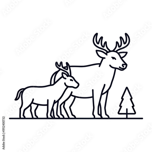 Mother deer and fawn standing together in a forest, line art illustration