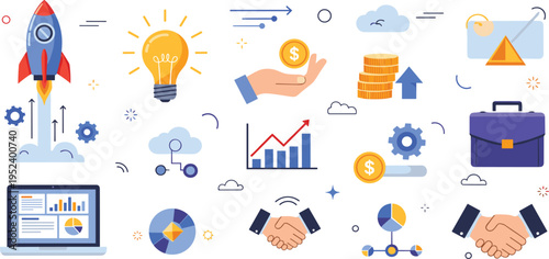 Strategic Business Partnership and Startup Growth Icon Set Featuring Rocket Launch, Professional Handshake, Financial Analysis, Corporate Briefcase, and Creative Idea Bulb Illustrations