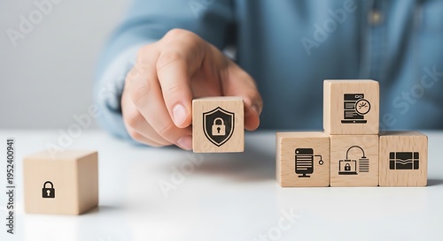 A person places a wooden block with a shield and lock icon on top of other blocks with various security symbols on a white table.