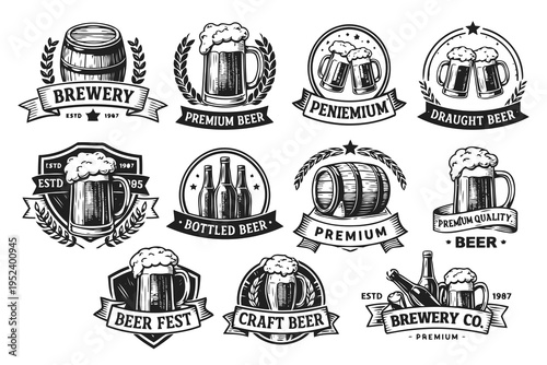 A collection of vintage style monochrome brewery and craft beer labels with classic illustrations Vector