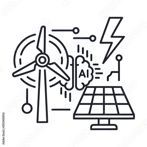 Illustration of renewable energy sources with AI integration and circuit diagram