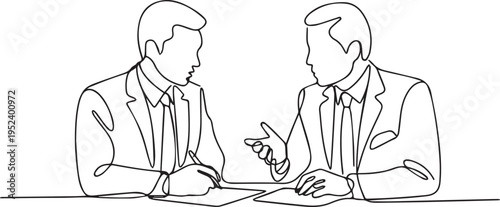 Minimal Line Art Illustration of Two Businessmen Discussing Documents – Simple Outline Meeting Concept