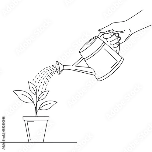 Hand watering a small potted plant with a metal watering can, nurturing growth