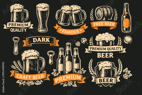 A vintage collection of hand-drawn beer illustrations and decorative ribbons on a dark background Vector