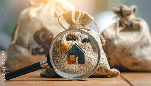 Burlap money bags on wooden surface with magnifying glass highlighting icons of house, car, umbrella, and family, symbolizing financial planning, insurance coverage, and security evaluation.