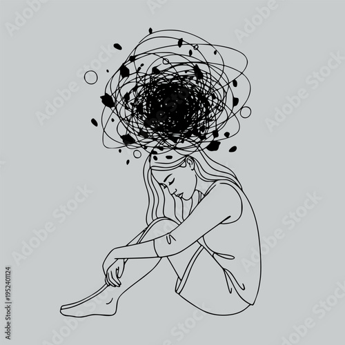 Seated woman with tangled mind lines in simple line art on muted background showing mental struggle concept