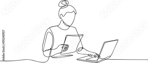 Minimal Line Art Illustration of Woman Using Laptop and Tablet – Simple Outline Character Design