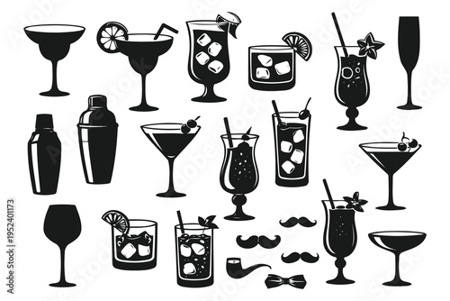 A collection of black silhouette icons featuring various cocktails and gentlemanly accessories Vector