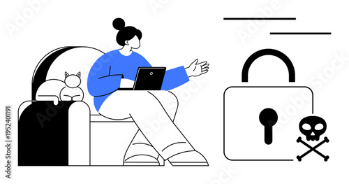 Cybersecurity, digital privacy, online threats, digital awareness, technology safety, internet protection. Woman on sofa with laptop facing lock and skull symbol. Cybersecurity and online threats