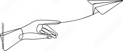 Minimal Line Art Illustration of Hand Launching Paper Airplane – Simple Outline Concept Design