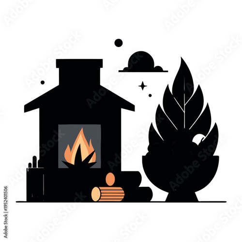Rustic fireplace scene with burning firewood indoor chimney house silhouette and decorative plants for winter comfort seasonal home living