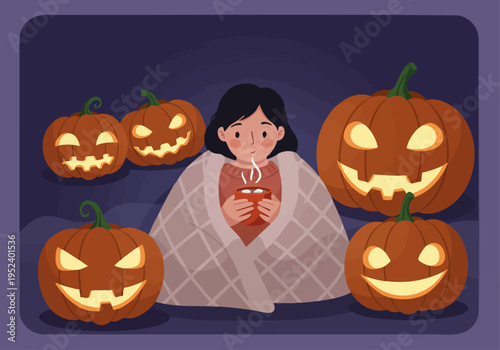 Cozy Halloween Night: Girl Wrapped in Blanket with Jack-o'-Lanterns and Hot Drink