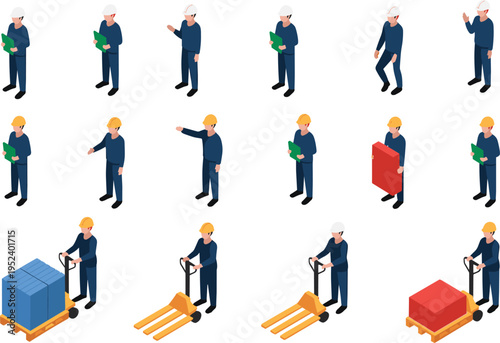 Isometric warehouse workers set foreman supervisor safety helmet clipboard gesturing pointing pushing pallet jack forklift operator logistics team vector illustration collection.