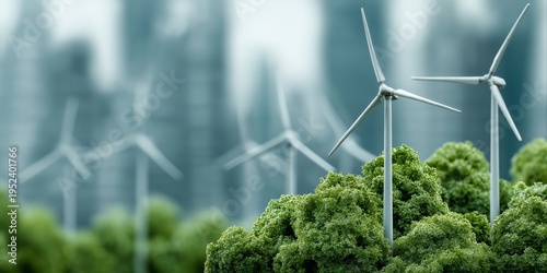Wind Turbine Models for Renewable Energy Standing in a Green Landscape with a Blurred City Skyline Background Symbolizing a Sustainable Future