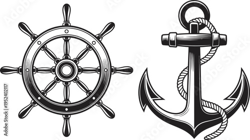 Classic nautical ship wheel and anchor with rope in black and white illustration